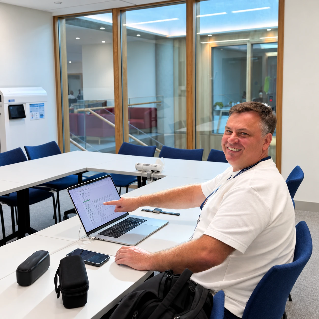 Mykola Latansky smiling beside his laptop in an Oxford classroom